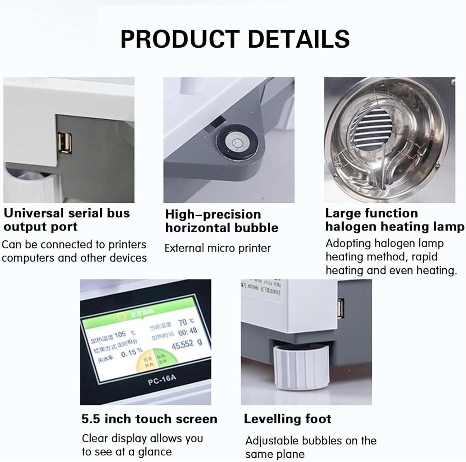Halogen Heating Moisture Analyzer for Rapid Moisture Test, 0.01% Readability Lab Moisture Balances for Lab Test Analysis, 5-inch Touch Screen, 50/100g Capacity, Halogen Lamp Heating,50g/1mg