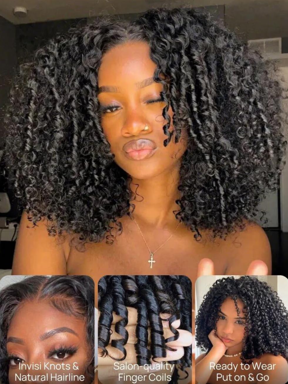 UNICE Curly Human Hair Drawstring Wig with Finger Coil Ends Pre Everything 13x4 Lace Front Glueless Wigs Human Hair Pre Plucked Pre Cut Bleached Knots Natural Hairline 150% Density 18 inch