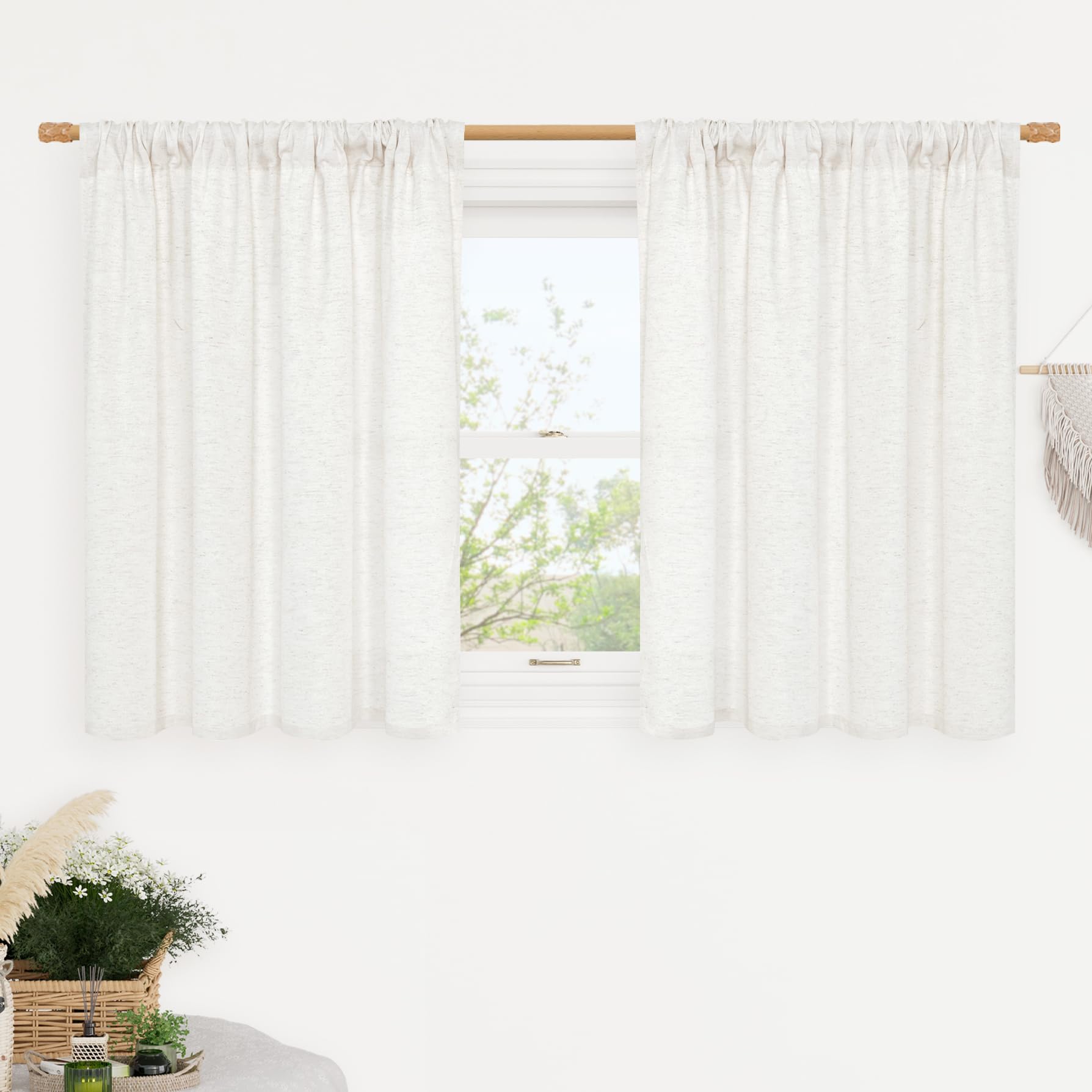 LAMIT 36 Inch Length Short Ivory White Linen Curtains for Kitchen, Faux Linen Textured Light Filtering Drapes Rod Pocket Boho Privacy Panels for