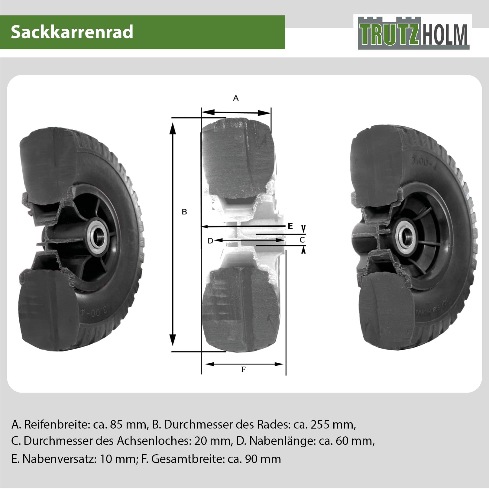TRUTZHOLM 4x Sackkarrenrad Luftrad 260x85 mm 3.00-4, schwarz