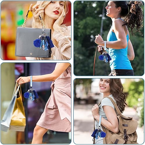 Miniatura 6 de Juego de llaveros de seguridad mejorados para mujeres, correa de muñeca con alarmas personales, espejo, pompones, etc. (18 unidades)