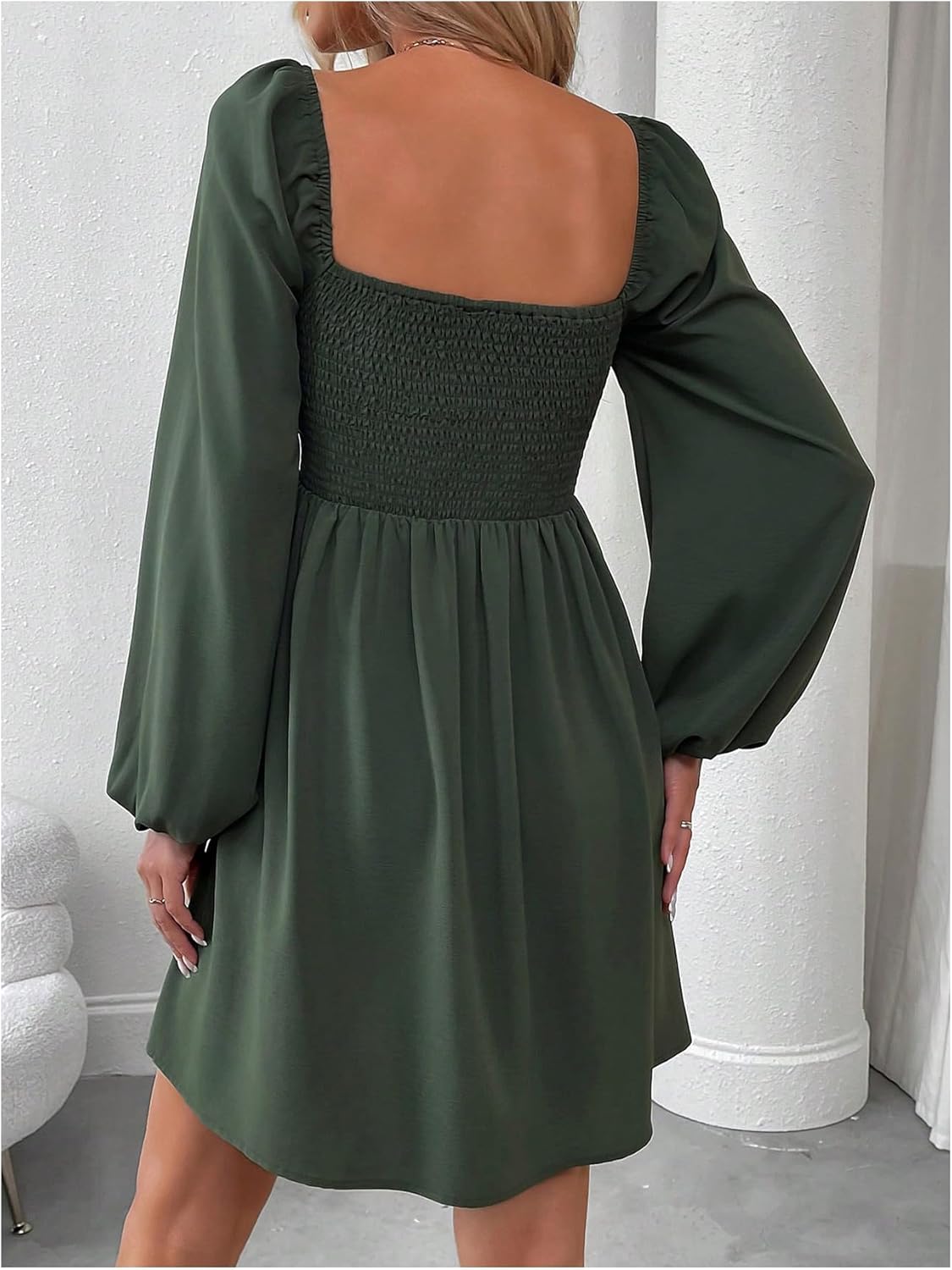 Floerns Women's Lantern Long Sleeve Mini Dress Square Neck Ruched A Line Dress - Image 2