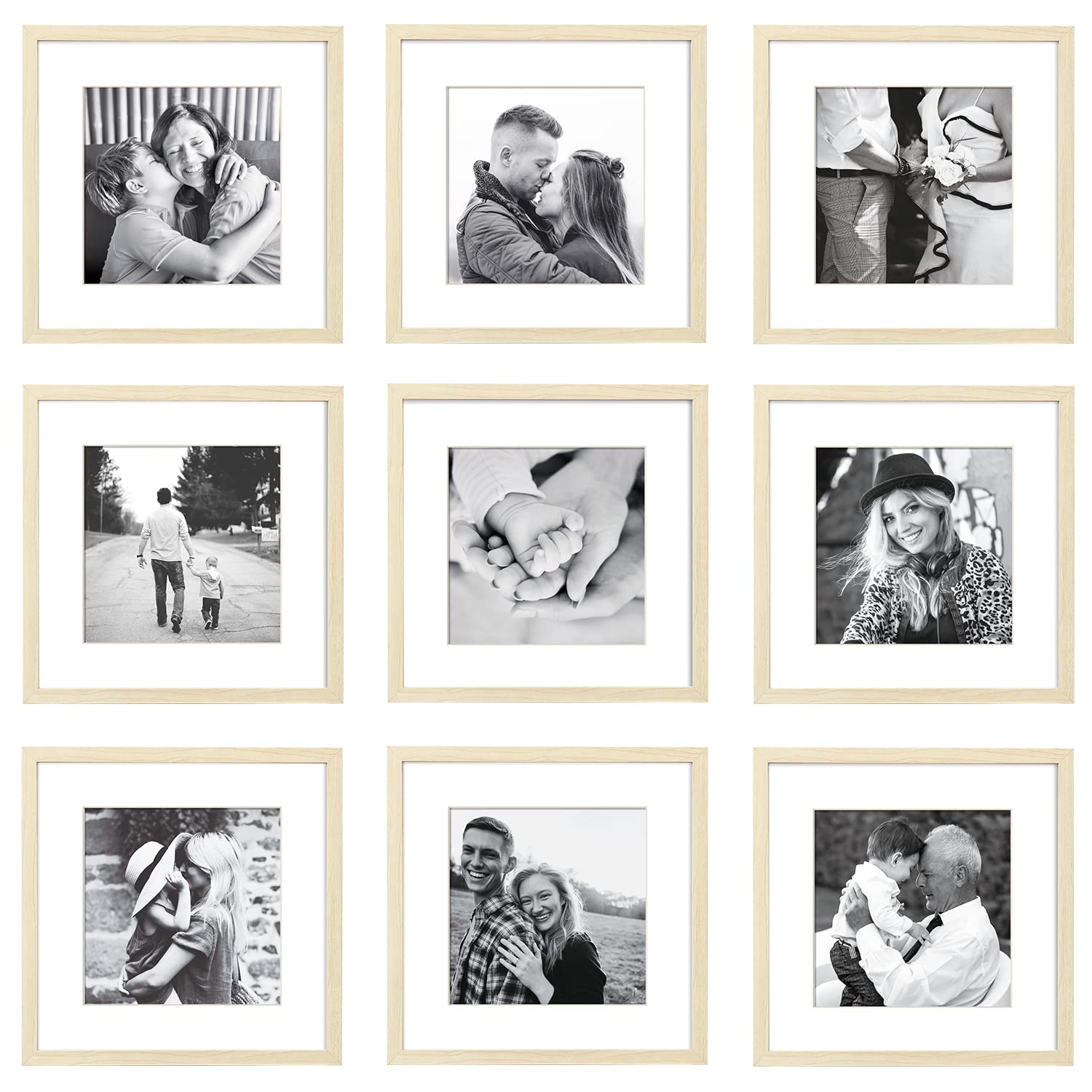 ArtbyHannah Wood Square Picture Frames Collage Set 9 Packs 12x12 Frame - 12in. Matted to 8in. for Gallery Wall Art Decor or Wall Hanging Home Decoration - Made to Display Photo Frame Set Home Decor Gift
