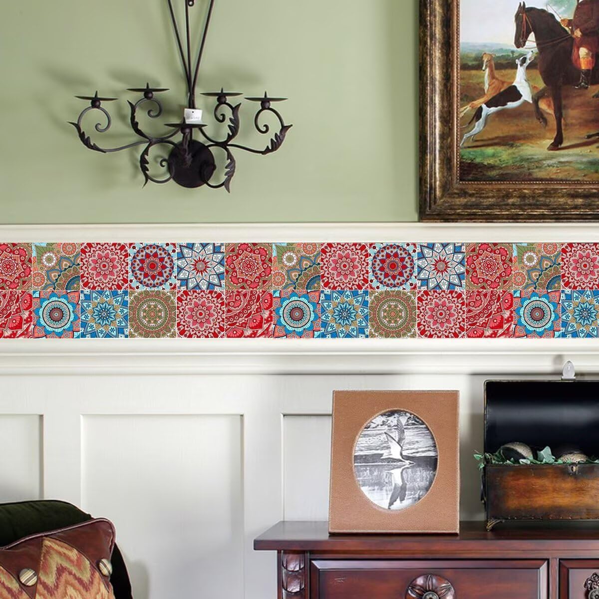 Self-Adhesive Mandala Tile Stickers Peel and Stick Waterproof Wall Backsplash Decals, DIY Murals Home Decor for Kitchen/Living Room/Bathroom in Moroccan Talavera Design (6x6 Inch, Red)