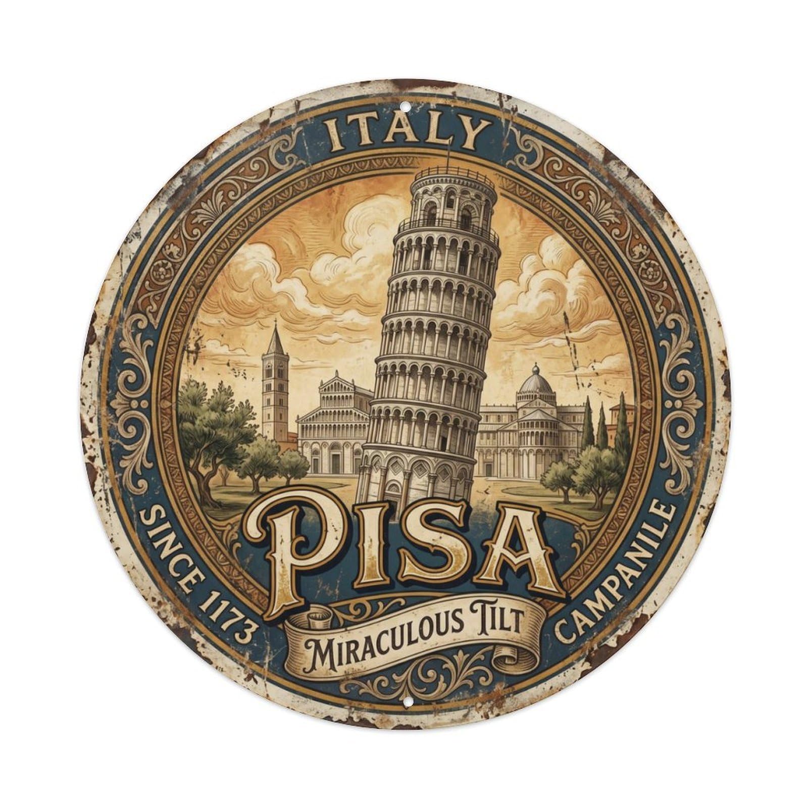 Vintage Travel Pisa Tower Leaning Metal Tin Sign Plaque Wall Decor for Cafe, Club Bar, Office, Home Garden Round Metal Poster 8x8Inch
