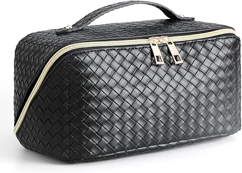 LASPERAL Bolsa de maquillaje de viaje de gran capacidad, organizador de cosméticos de cuero, impermeable, portátil, compacta, se abre plana, bolsa