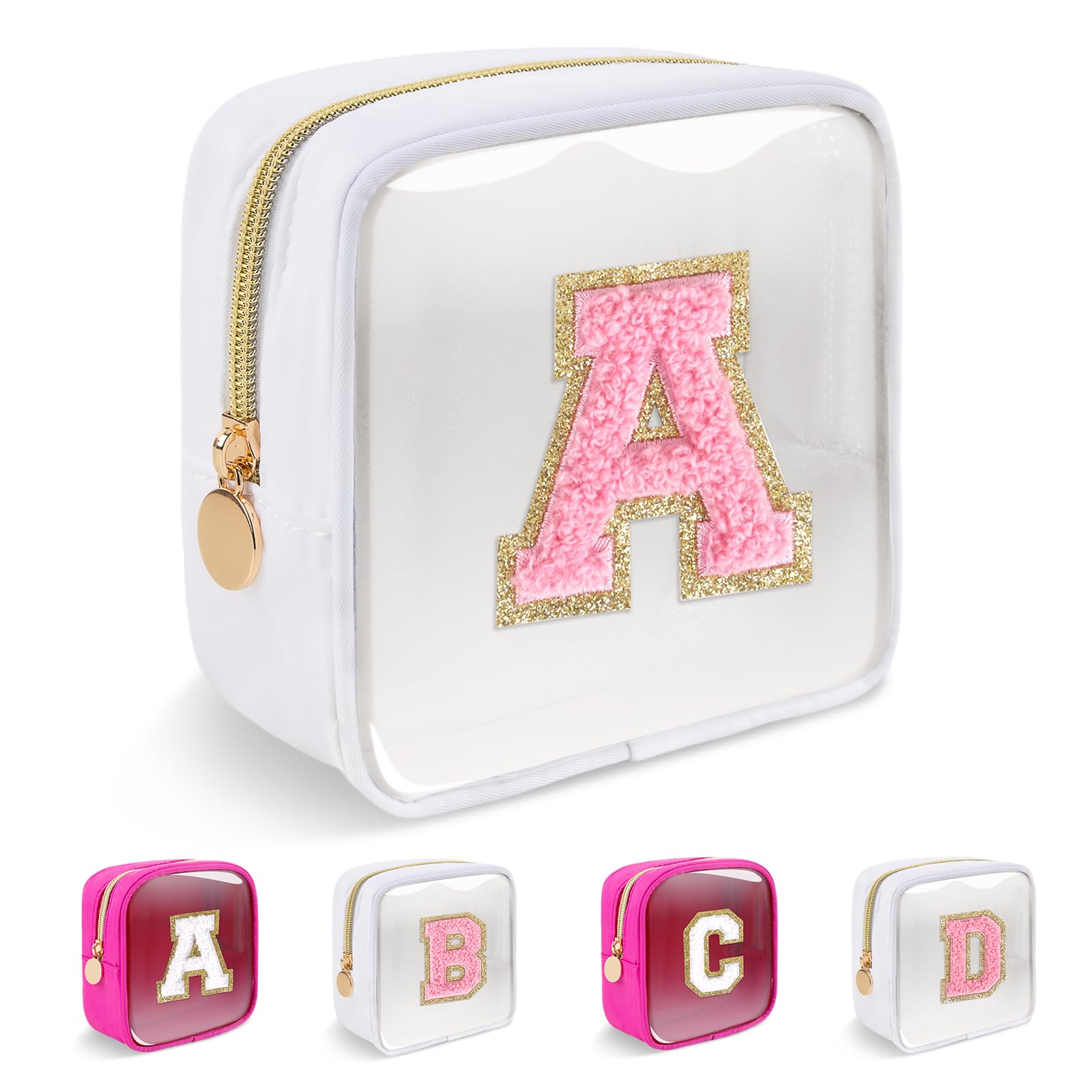 Personalized Initial Letter Clear Preppy Makeup Bag,Mini Nylon Chenille Letter Cosmetic Bag Cute Zipper Pouch Purse for Teen Girls,Portable TSA