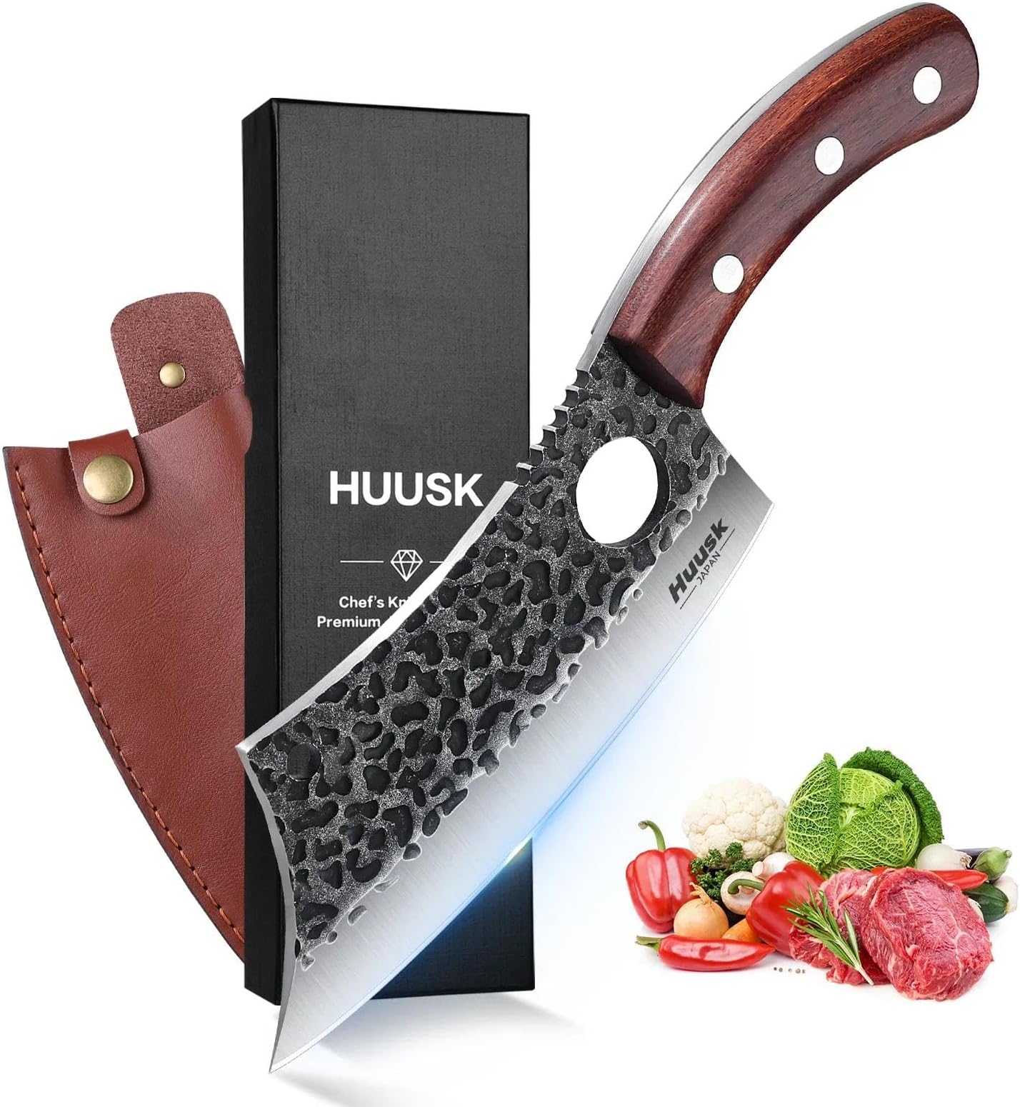 Huusk Meat Cleaver Knife, Hand Forged Butcher Knife for Meat Cutting, Full Tang Viking Knives with Sheath, Japanese Chef Knives for Outdoor Cooking, Camping, BBQ, Christmas Gift for Man and Women