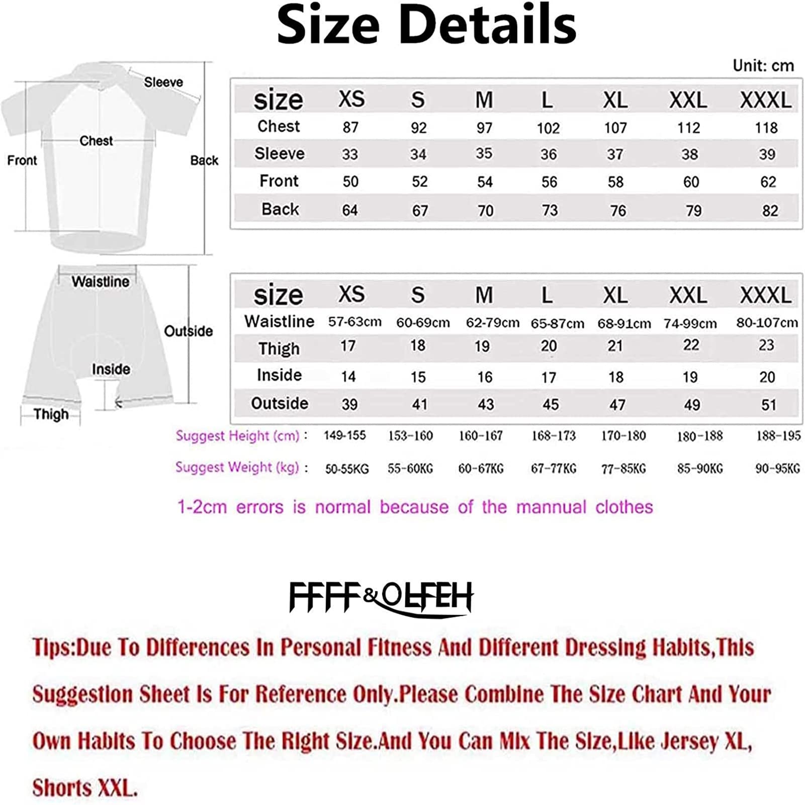 FFFF & OLFEH Hommes World Tour Team Maillot Cyclisme Ensemble, Maillot Cyclisme Homme Manche Courte Tenue de Velo, avec 3D Gel Coussin Solide, Léger Respirant Séchage Tee Shirt Cuissarde