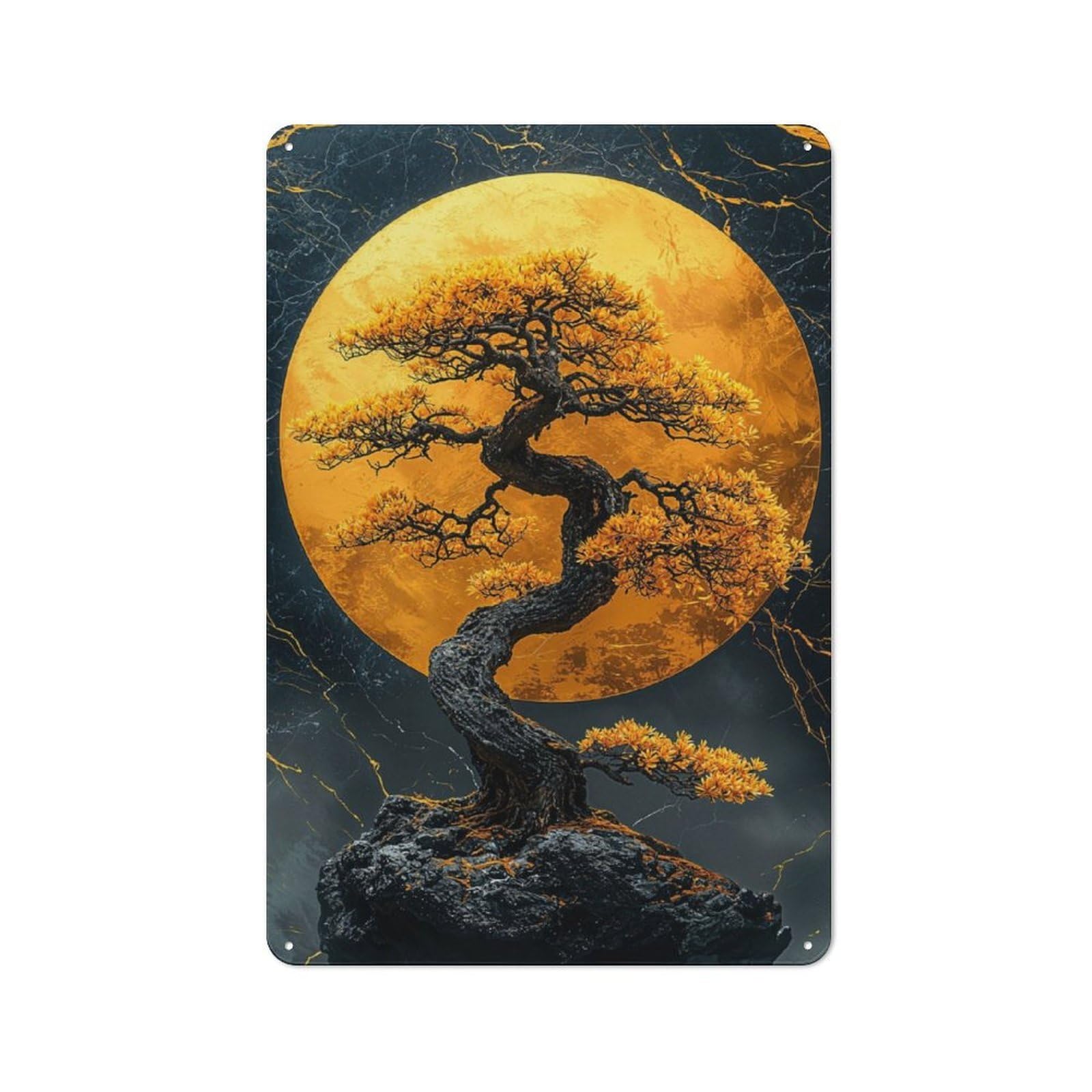 Junmoney Bonsai Tree And Moon Vintage Tin Sign 30X20cm For Guest Room Or Hallway, Suited To Home Decor Collectors