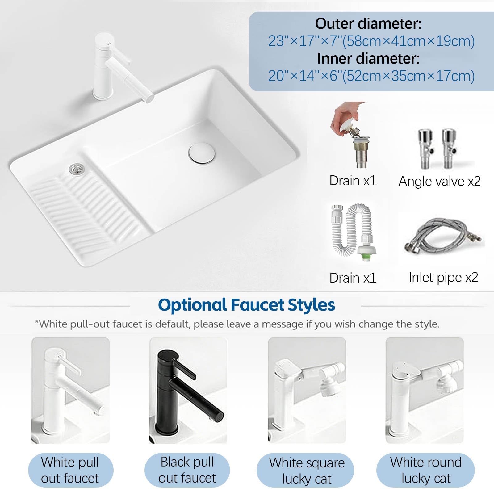 Fregadero blanco de cerámica de un solo cuenco para lavadero, lavadero, lavadero, lavabo, baño, tocador, moderno fregadero de porcelana blanca con escurridor y tubo de drenaje para inodoros (23 x 17