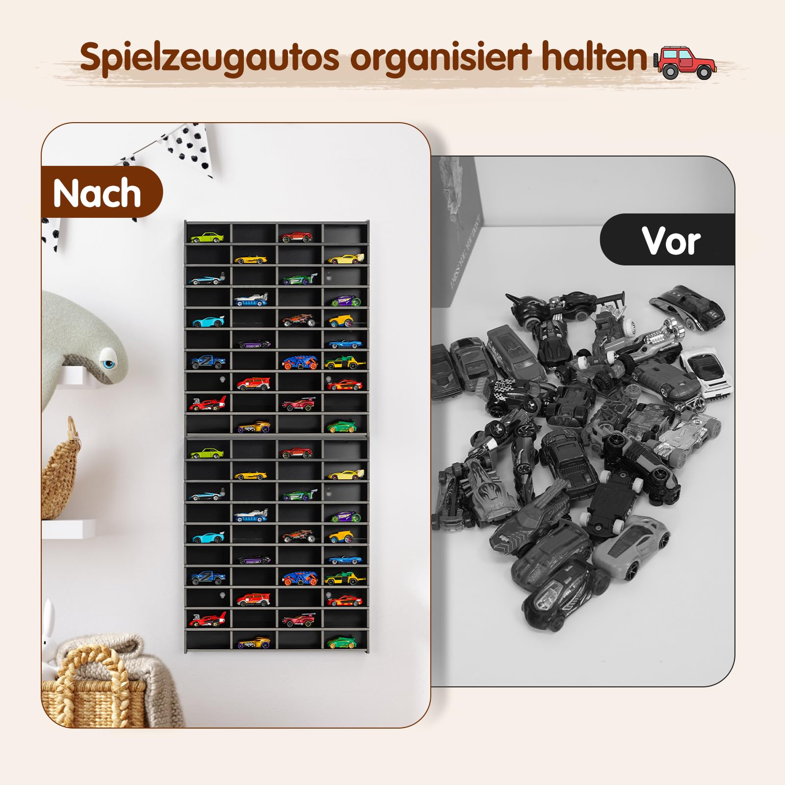 Krafetto Display Regal Setzkasten für 40 Modellautos, Schwarz 2 Stück | Autos Vitrine und Organizer für Spielzeugautos; zur Wandmontage und übersichtlichen Sammlung.
