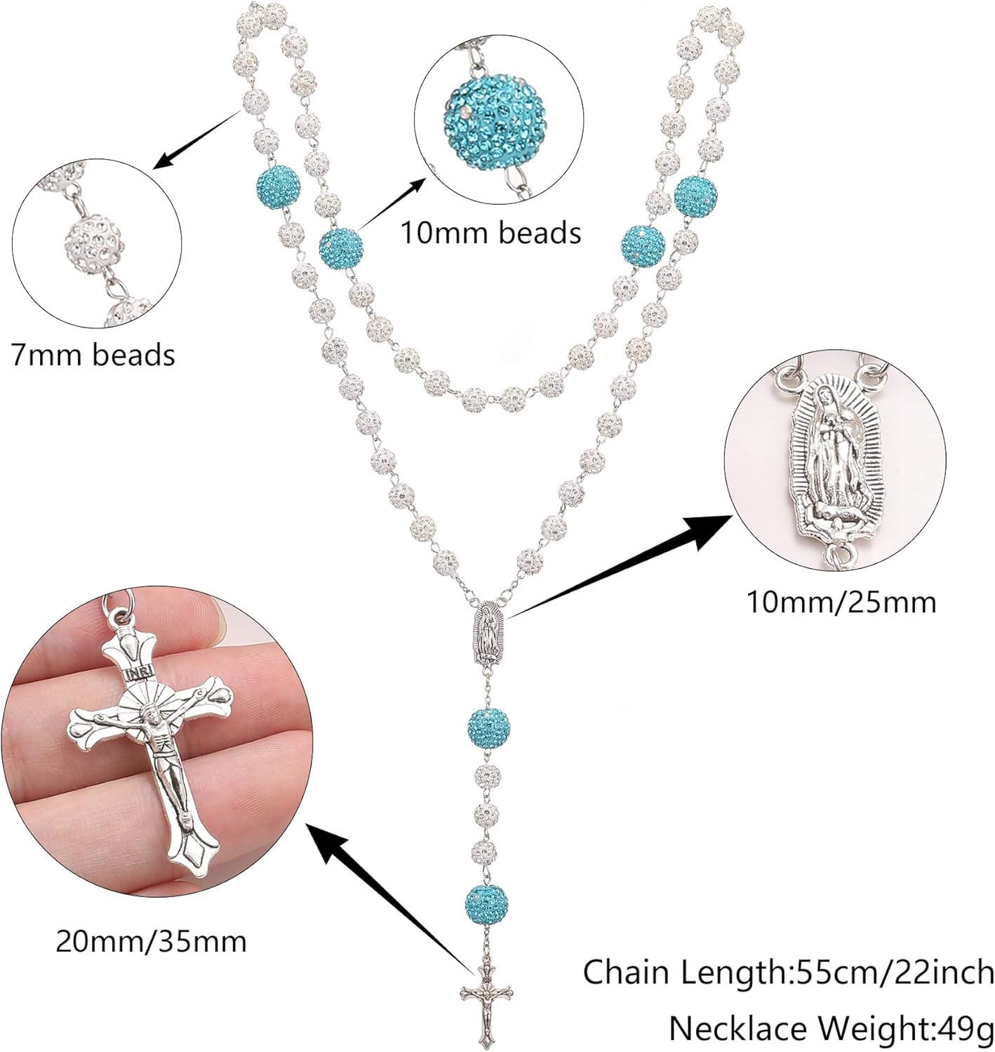 SKQIR Rosary Beads Catholic Crucifix Cross Necklace for Men Women Our Lady of Guadalupe Prayer Medal Jesus Wall Crucifix Cross Rosary Rhinestone Beads Religious Christian Jewelry Gifts for Men Women - Image 7