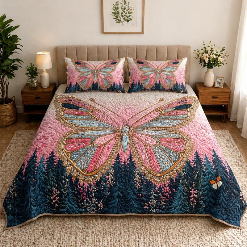 Image of Akshya Double Bedsheet King Size (90x100 Inch) with 2 Pillow Covers | 300 TC Microfiber Soft Bedsheet | Pink Butterfly Floral Printed Bedsheet for Double Bed