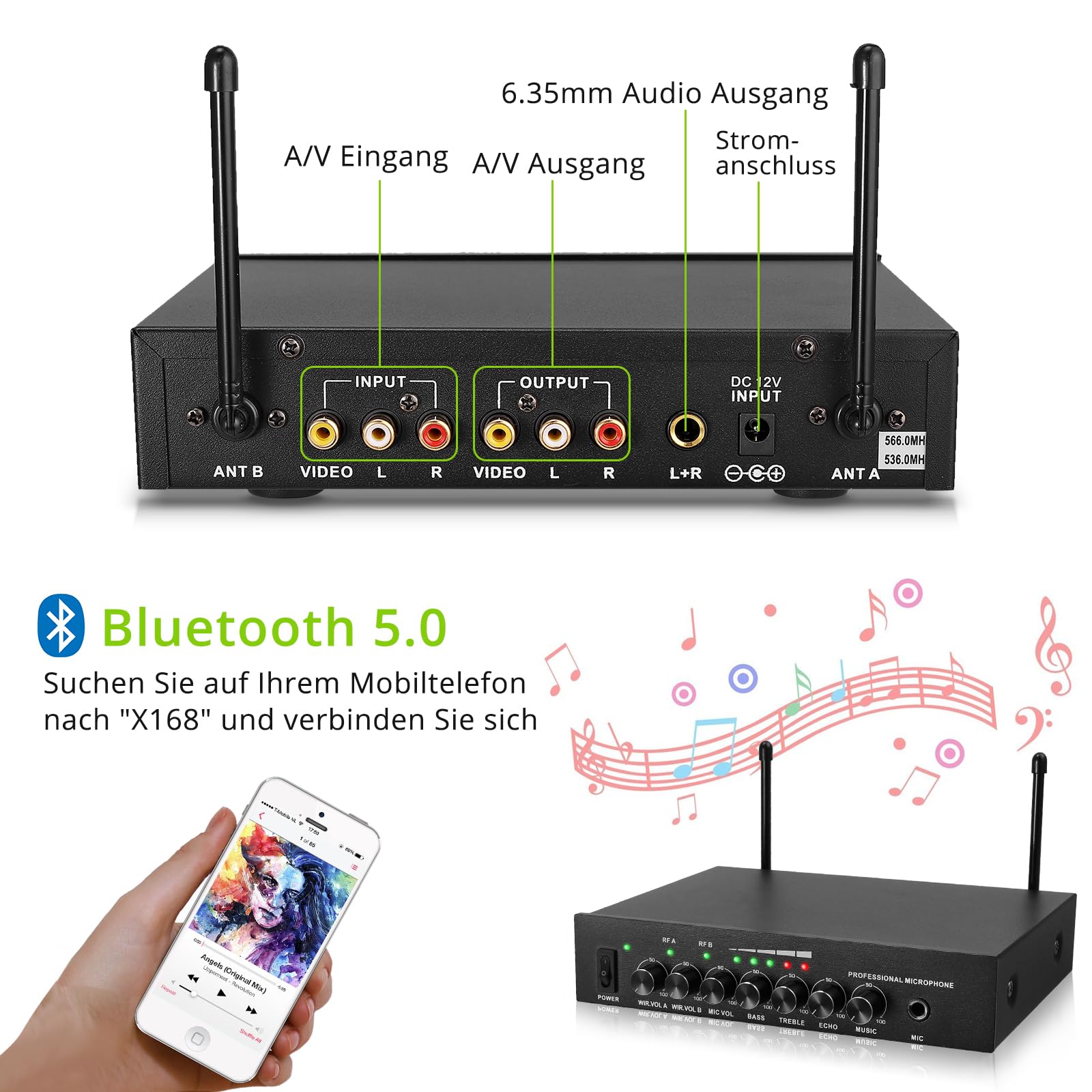 LiNKFOR Drahtloses Mikrofon UHF-Wiederaufladbares Bluetooth 5.0 Dual Handheld Metall Mikrofonsystem Kabellos, Eingang/Ausgang, 6,35mm Ausgang für Karaoke-Maschine, Mixer, Soundbar