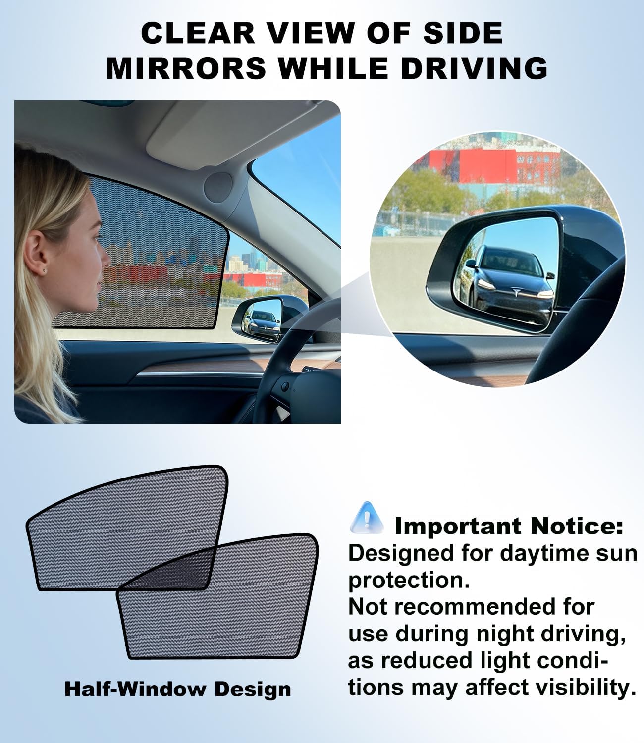 XCBYT Tesla Model Y Window Shades (2020–2024) - Static Cling Privacy Rear Side Window Covers, Clear Front Half Window Shades, Easy Install, No Residue (4 PCS)