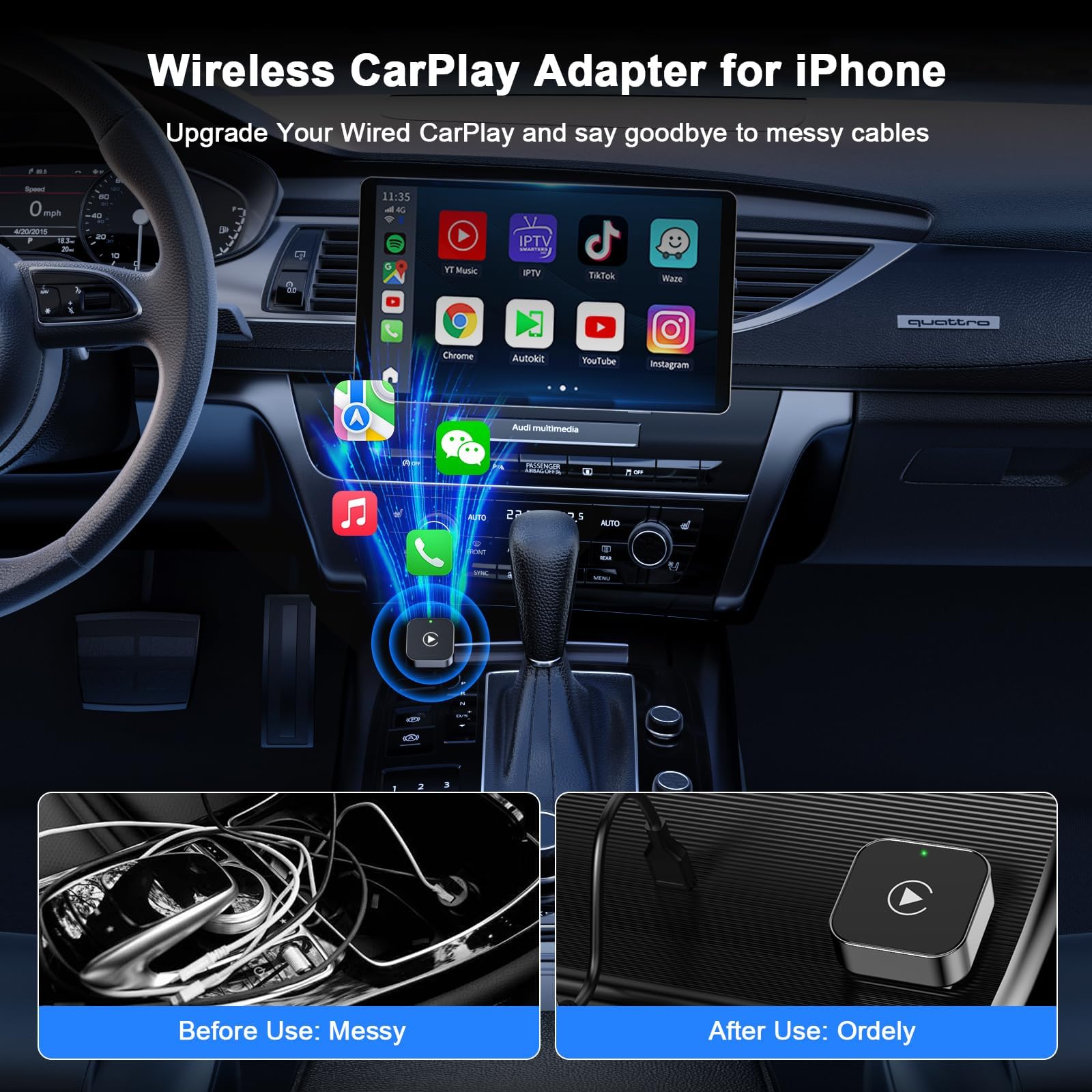 Wireless CarPlay Adapter für iPhone, 2025 Upgraded von Wired CarPlay auf Wire-Less, Plug und Play, 2-in-1 Mini & Stabiler Apple Car Play Wireless Adapter Kompatibel mit iPhone iOS mit Wired Car Play