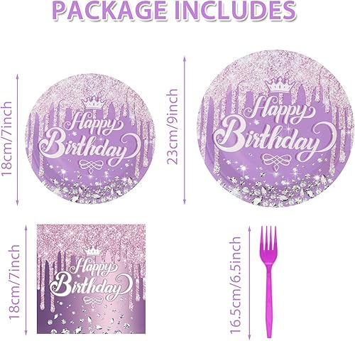 Miniatura 2 de Juhap Juego de vajilla de 80 piezas moradas para decoraciones de feliz cumpleaños, platos de postre, servilletas, tenedores para 20 invitados,