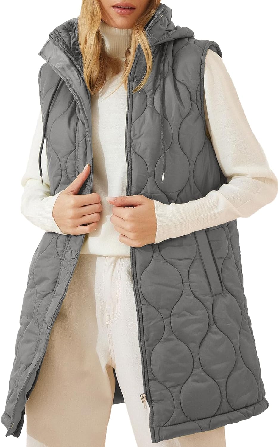 EVALESS Long Puffer Vest Women Sleeveless Hooded Puffer Jacket Lightweight Quilted Jackets Winter Warm Zip Up Coat Outerwear