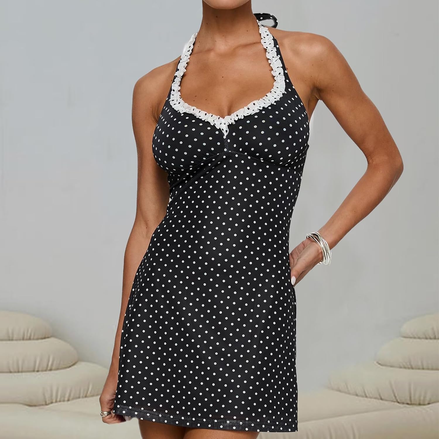 Women's Polka Dot Halter Dress Wrap Tie-Back Sleeveless Swing Summer Formal Beach Party Vintage Casual Dress - Image 3
