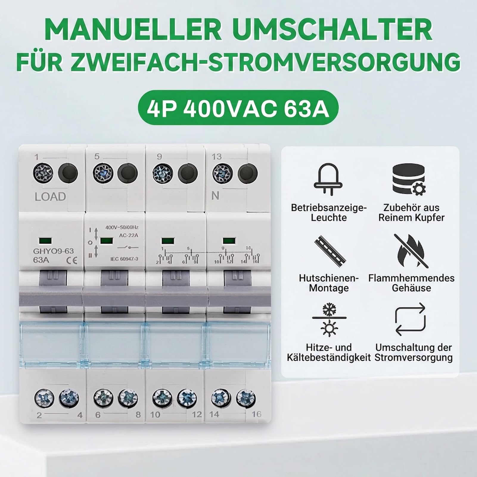 Umschalter 4P 63A Lasttrennschalter Dual Power Manual Transfer Isolating Switch AC 400V Manueller Übertragungsschalter mit doppelter Leistung mit Leistungsanzeige DIN-Schiene Montage.