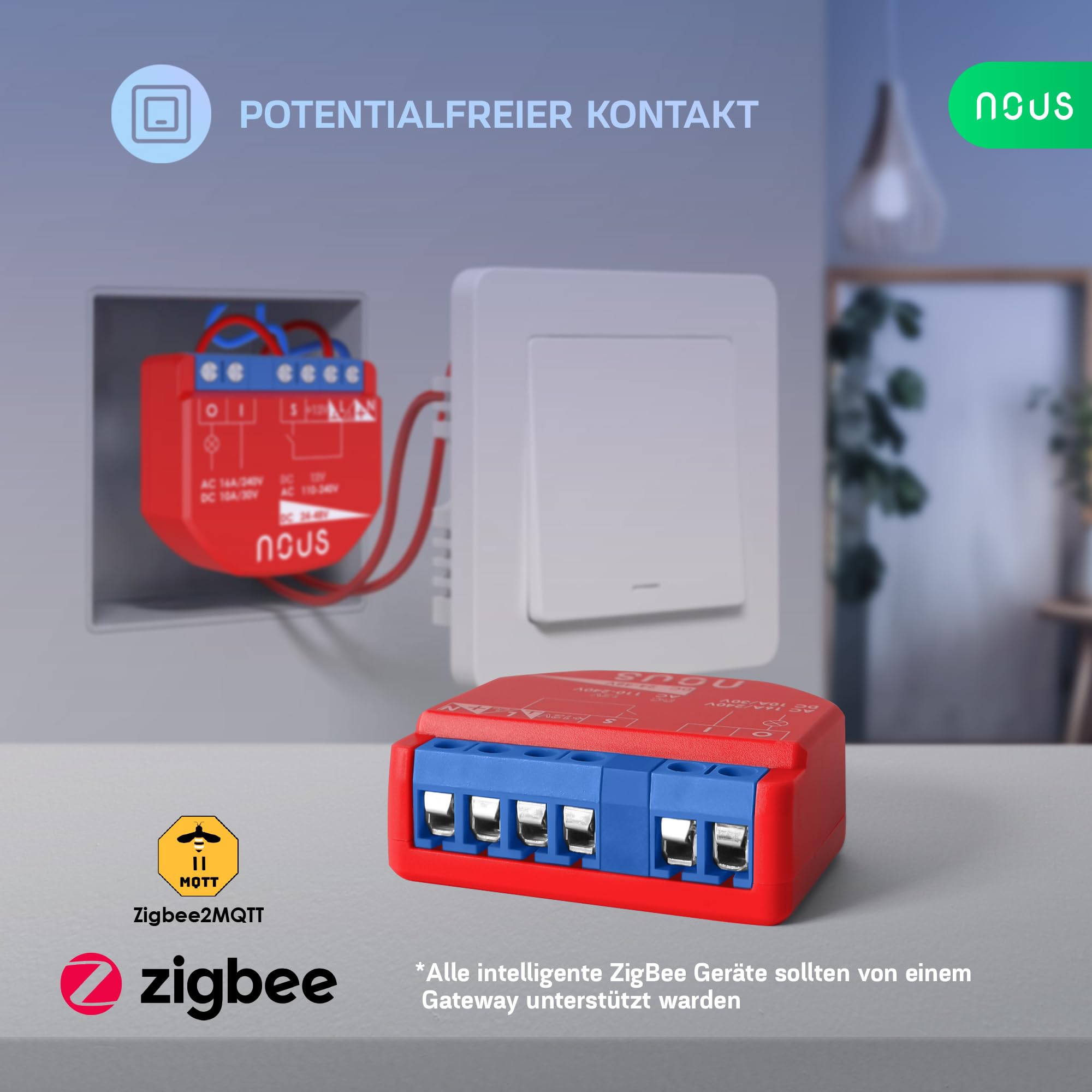 NOUS ZigBee Moduły Smart Switch, 1 kanał, AC 16 A/DC 10 A, suche styki, wymagany koncentrator ZigBee 3.0, kompatybilny z Alexa, Google Assistant, Home Assistant, aplikacją Tuya Smart Life