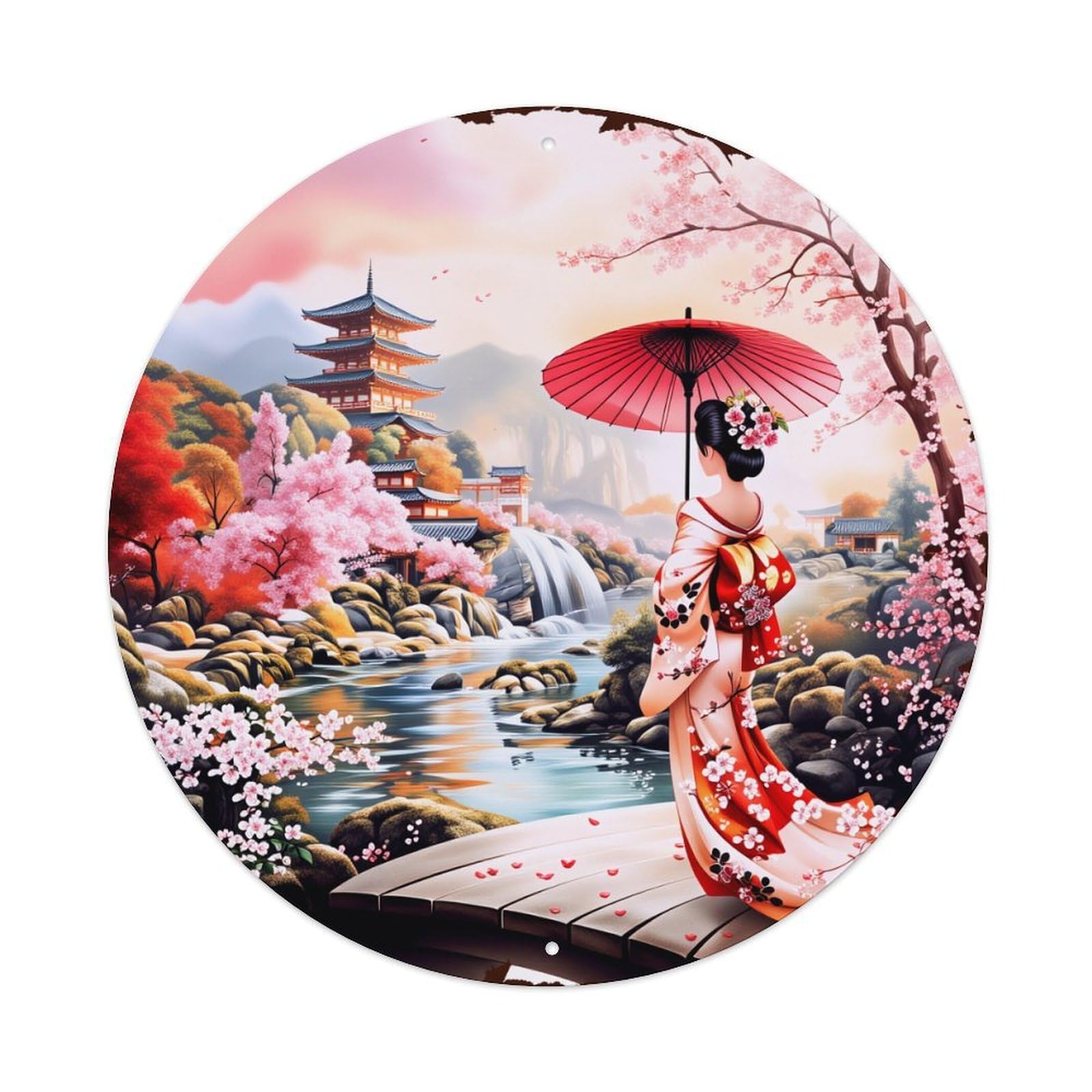 Jdfenggu Vintage Japanese Garden Geisha Cherry Blossom Bridge Retro Metal Sign Round Tin Sign, Decor Art Poster For Bar, Home, Man Cave, Kitchen, Laundry Room Gift 8X8inch