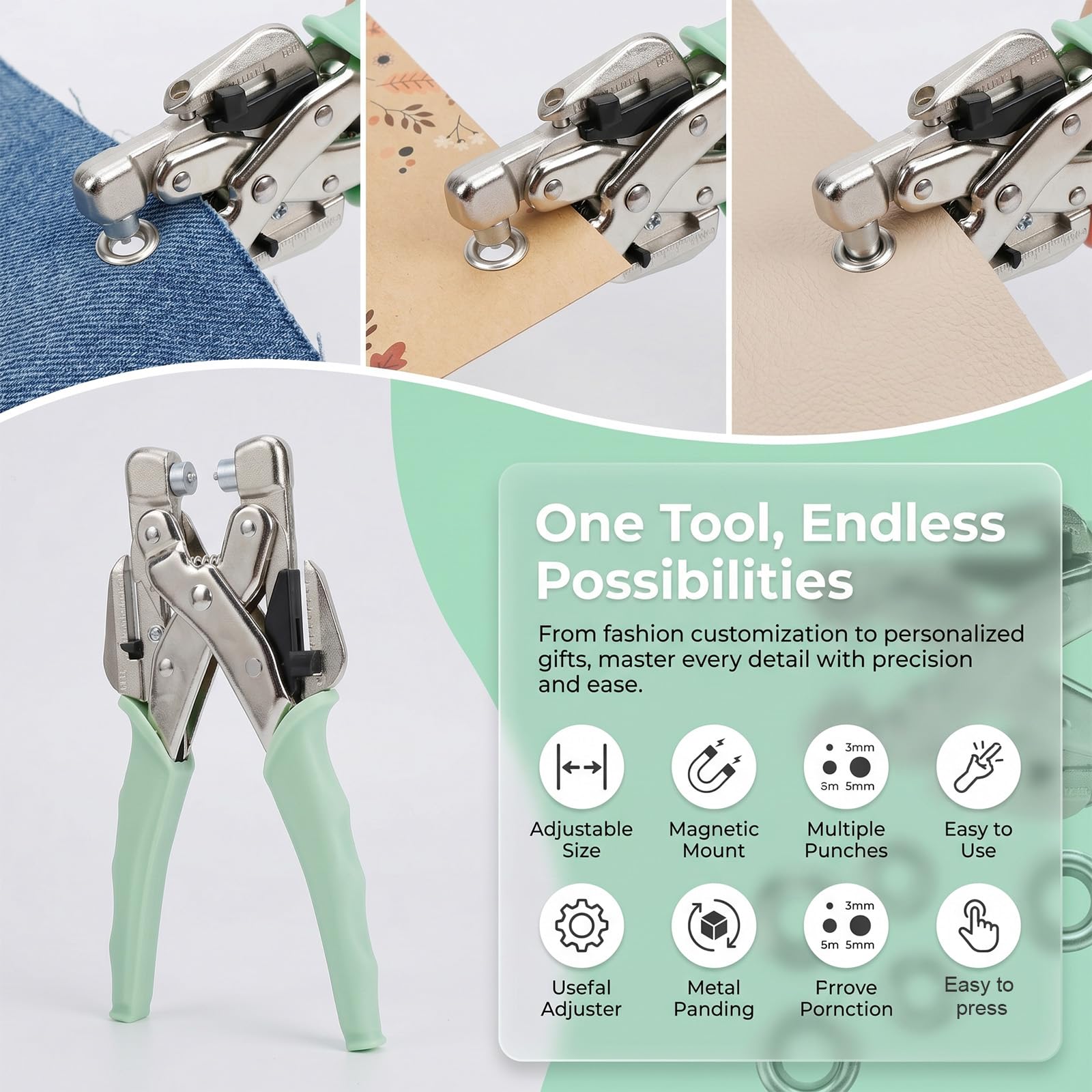 Kit Pince à Œillets 160pcs,Outils Perforation 3/16 & 1/8 Pouces | Pince A Oeillets pour Bâches Cuir Tissu,Rivets Métal avec Boîte de Rangement, DIY Réparation Ceinture Sac Chaussure,Vert