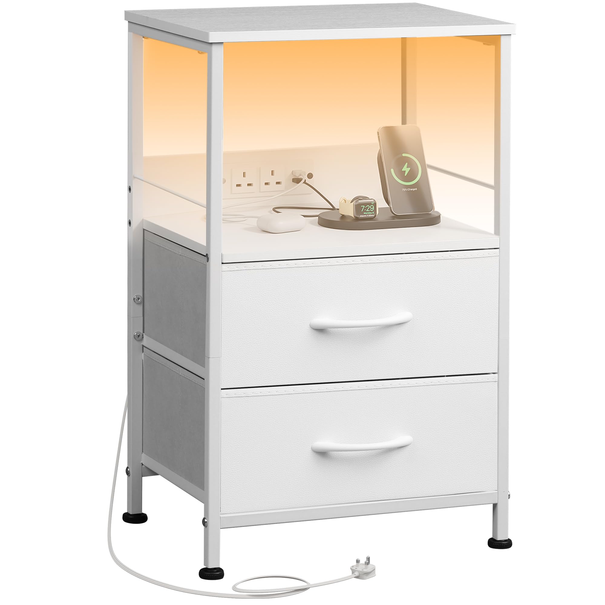 WLIVE White Bedside Table with Drawers, Bedside Cabinet with LED Lights and Charging Station, Side Table for Bedroom, Living Room, Small Spaces, White โ image 1