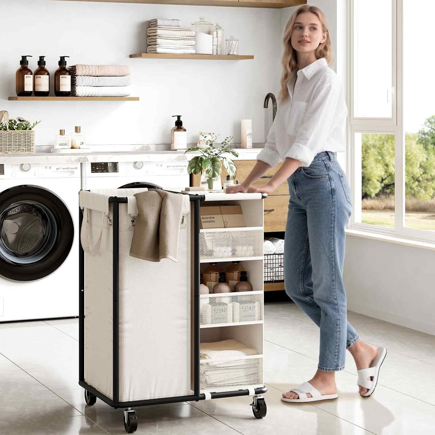 WOWLIVE Laundry Sorter with Wheels 100L Rolling Laundry Hamper with Hanging and Removable Bag Laundry Cart with Steel Frame and Storage Unit Large Basket Organizer for Dorm Room, Bathroom (Beige) 100L (22.8×16.1×31.5in) Beige