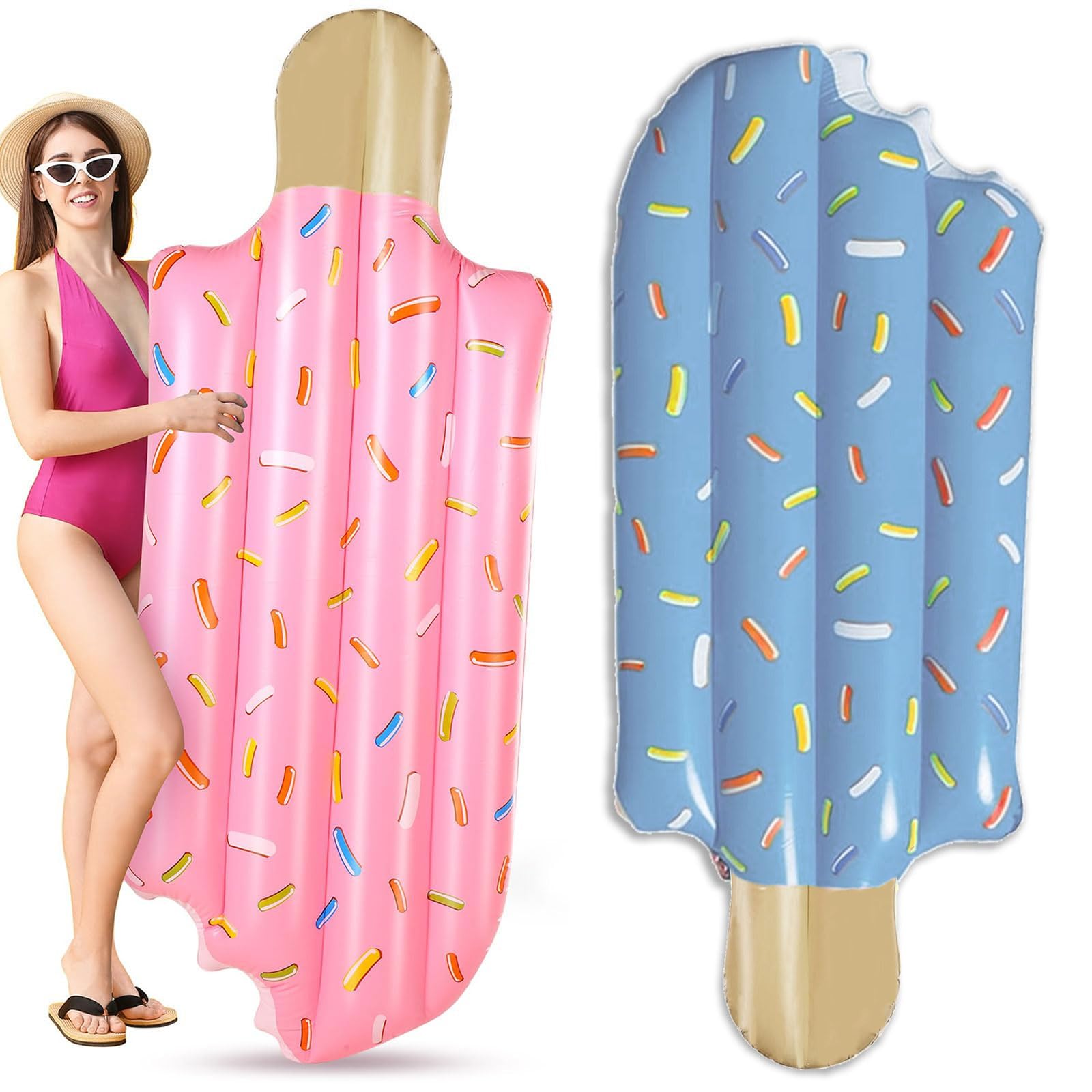 Blissbuilt 2 Pcs Large Inflatable Ice Lolly Pool Floats Raft 175CM*75CM,Swimming Pool Relax Hammock Lounger For Summer Beach Swimming Pool Fun - Pink + Blue