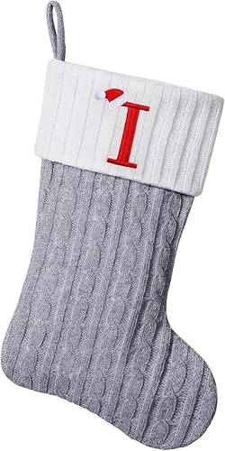 Miniatura 74 de Medias de Navidad con monograma de punto gris de 19.5 pulgadas. Calcetines de Navidad con inicial personalizadas, decoración de fiesta de Navidad