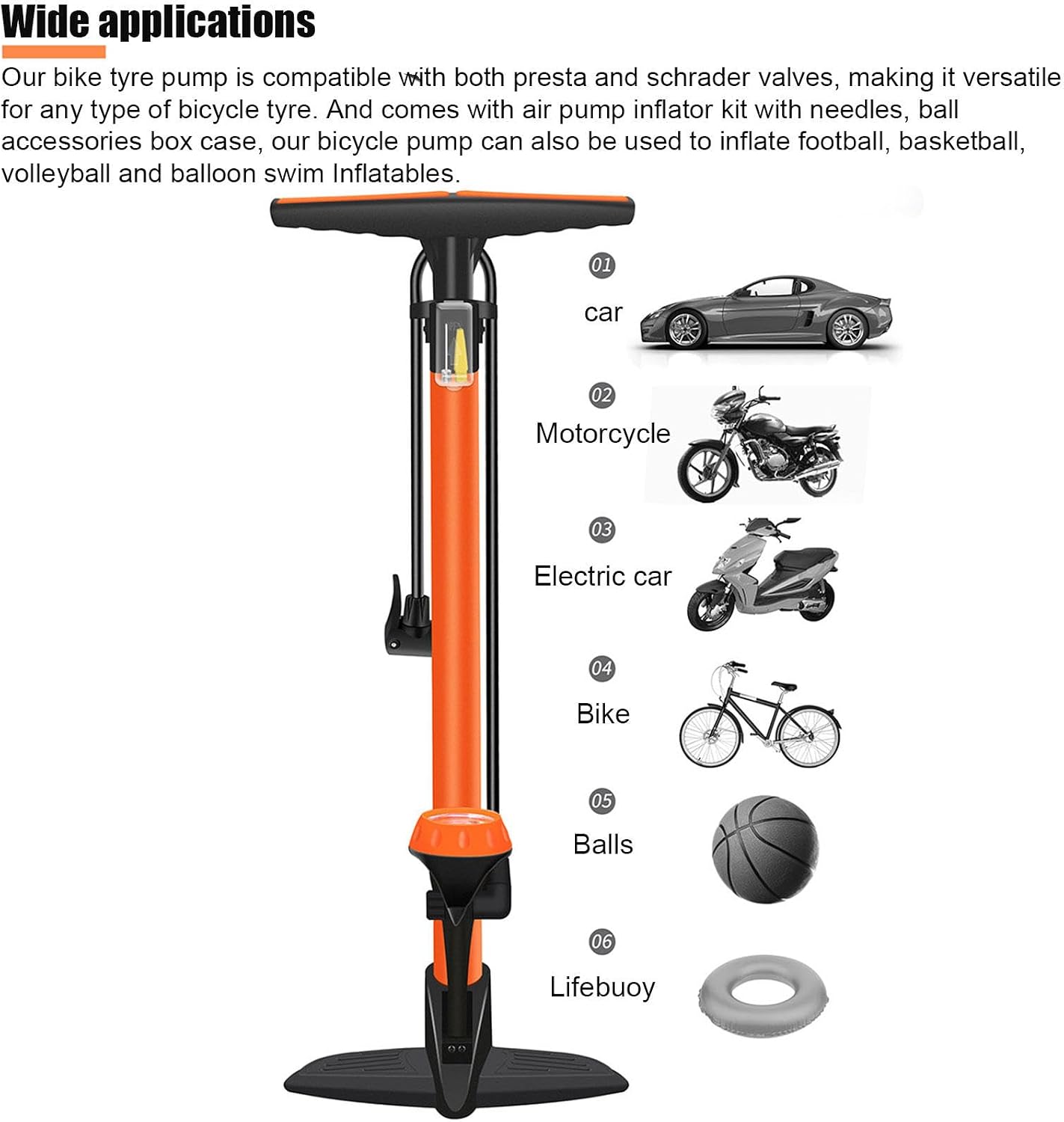 Bike Pump Bicycle Floor Pump Portable Bike Tyre Pump 160PSI with Presta & Schrader Valves, Multifunction Ball Needle for Balls, Balloons, Inflatables