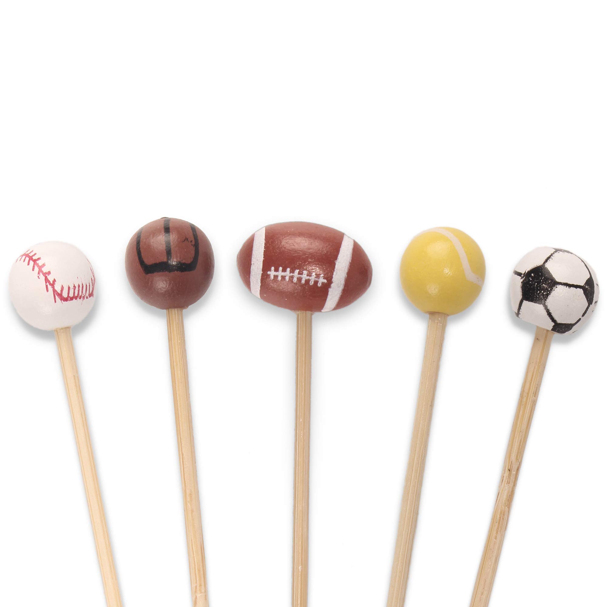 BambooMN 5.9" Decorative Sports Ball End Bamboo Cocktail Fruit Sandwich Picks Skewers for Catered Events, Holiday's, Restaurants or Buffets Party Supplies, Assorted, 100 pcs