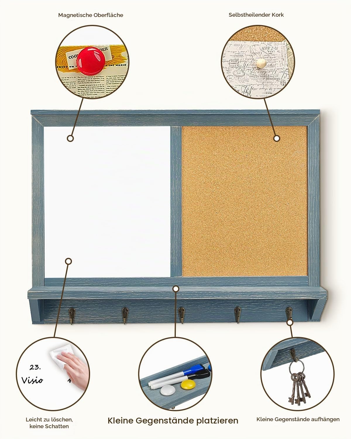 Wandmontiertes Whiteboard und Korktafel mit Haken, Whiteboard und Pinnwand-Kombination, massives Kiefernholz, Vintage-Rahmen, 45 x 60 cm (ZSB-4560GY)