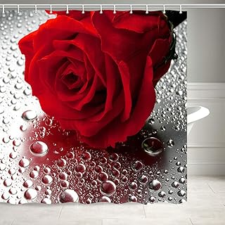 Red Rose Floral Shower Curtain, Elegant Flower Plant on Gray Raindrop Background Bathroom Curtain, Polyester Fabric Bathro...