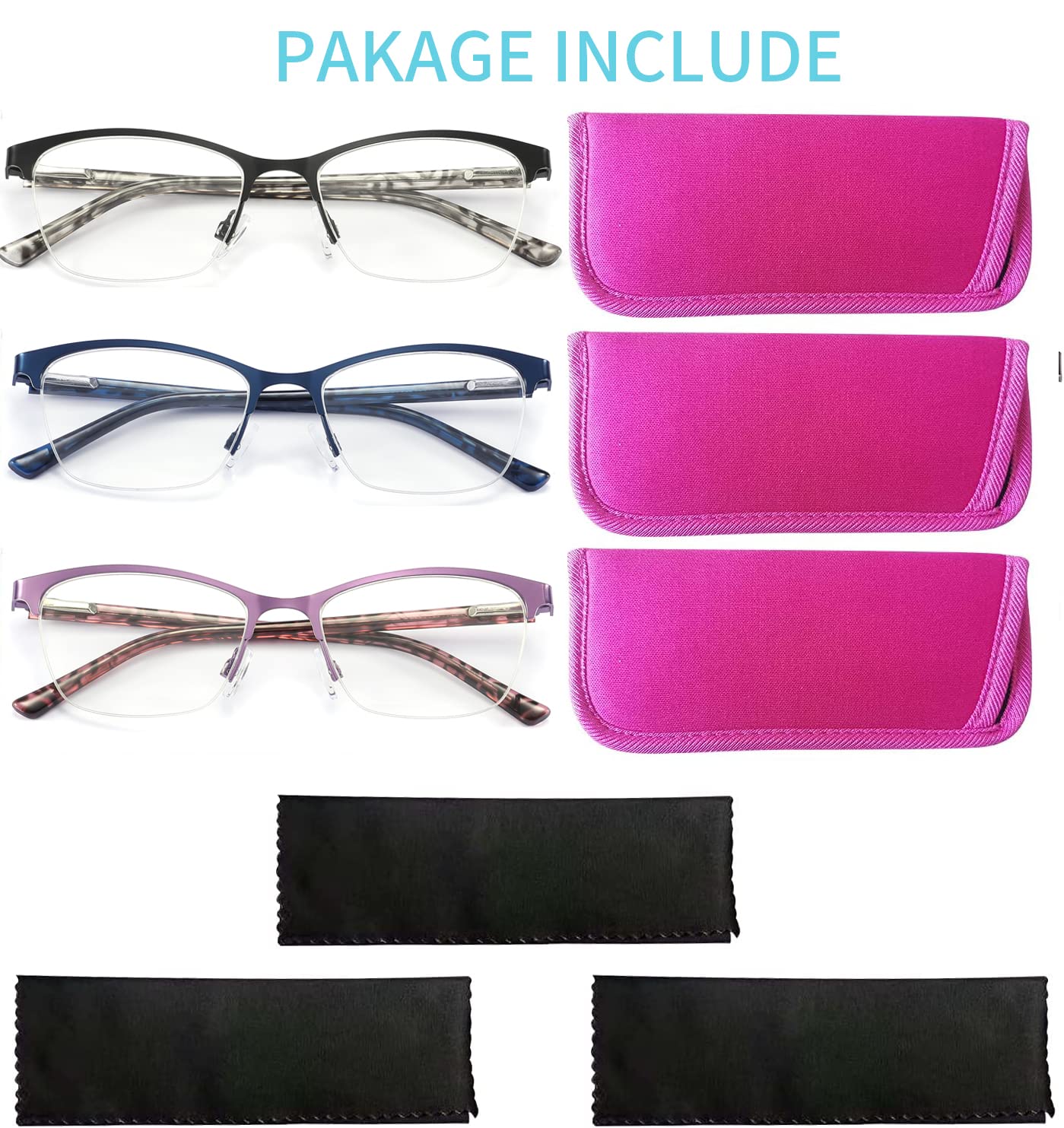 3er-Pack Lesebrille, Damenbrille, halber Metallrahmen, blaues Licht, Computerleser, UV-Filter RayGlareBlue Ray, mit Hüllen (Verstärkungsstärke)