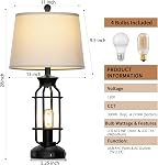 28" Lampes de table vintage avec USB Ports C+A & AC Ensemble de lampes de table de ferme industrielle 2, Black Modern Nightstand à côté des lampes avec 2 Lumière de nuit pour chambre à coucher(4 LED Ampoules comprises)