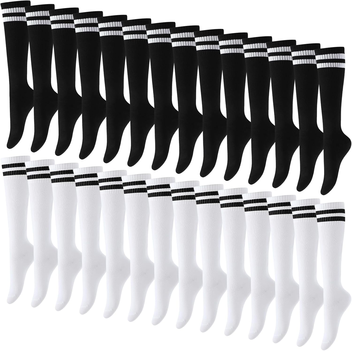 Xtinmee 24 Pairs Youth Kids Soccer Socks Stretchy Striped Knee High Tube Football Sport Socks for Boy Girl 7-13 Years Old