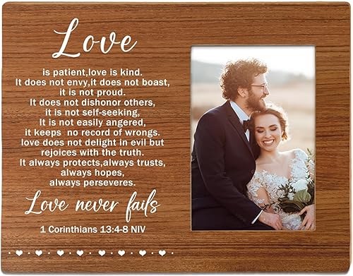 Marco de fotos Love Never Fails, 1 Corintios 13:4-8, regalo único para parejas para aniversario de boda, San Valentín, compromiso, despedida de