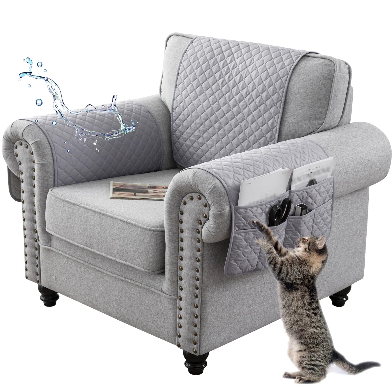 NNSMUN Sofa Armrest Cover, Headrest Cover for Recliner Chair Arm Cover, Armchair Slipcover Non Slip Quilted Furniture Protector for Sofa Recliner Armchair Cats Dogs (Light Gray,1 Seater(3pcs))
