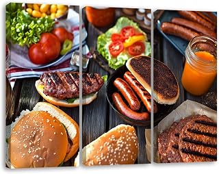 3 Piece Canvas Wall Art Prints Picture Summer food table scene hot dog hamburger buffet top view Framed Wall Painting Modern Artwork Poster Home Decor for Living Room Office Ready to Hang