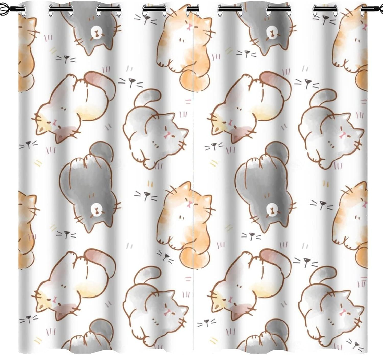 Watercolor Cat Lover Curtains - Cartoon Cute Cat Window Drapes Room Darkening Blackout Curtains Thermal Insulated Grommet Curtains for Bedroom 2 Panels 63L x 31.5W