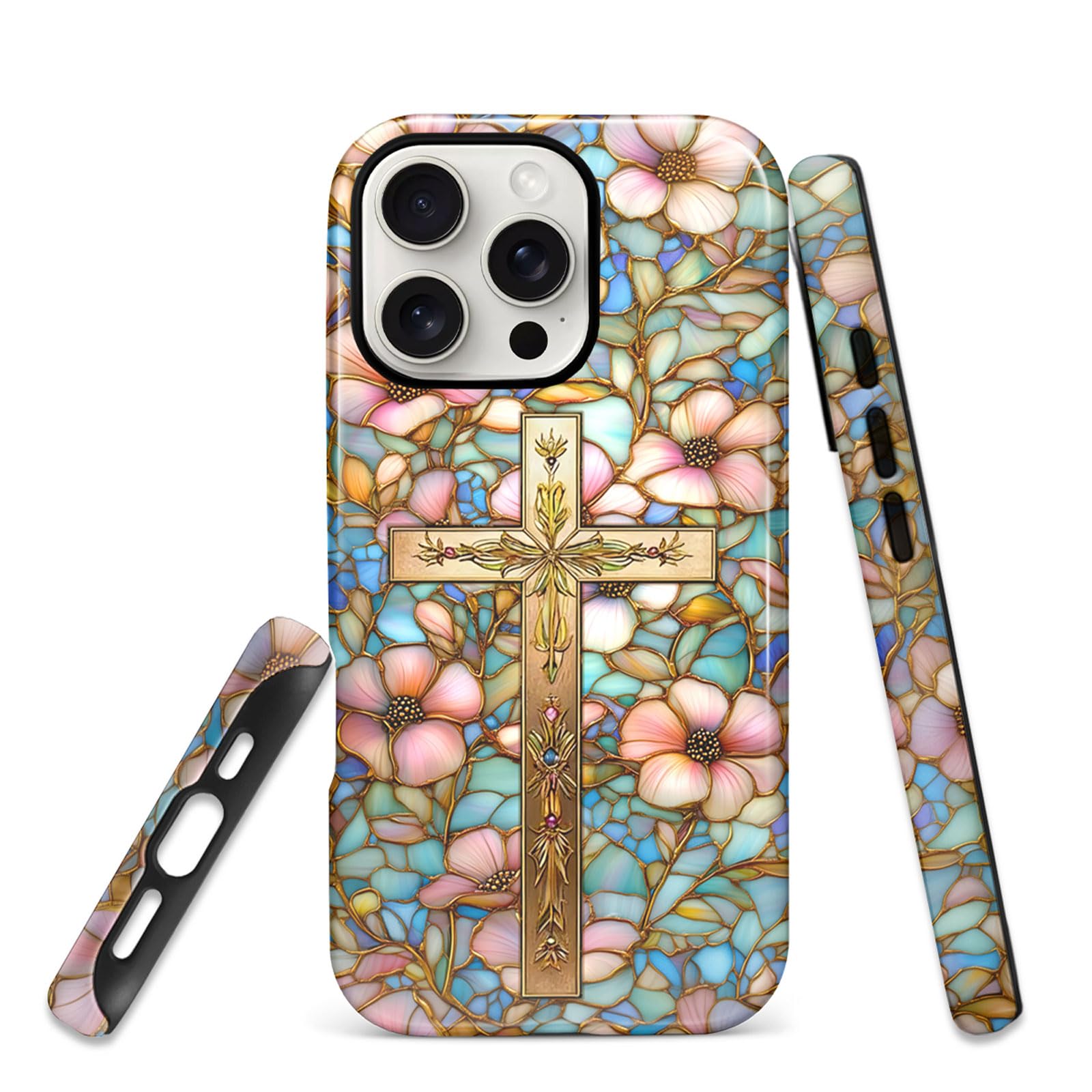 Coque iPhone 15 Pro vitrail de fleurs haut de gamme rigide double couche