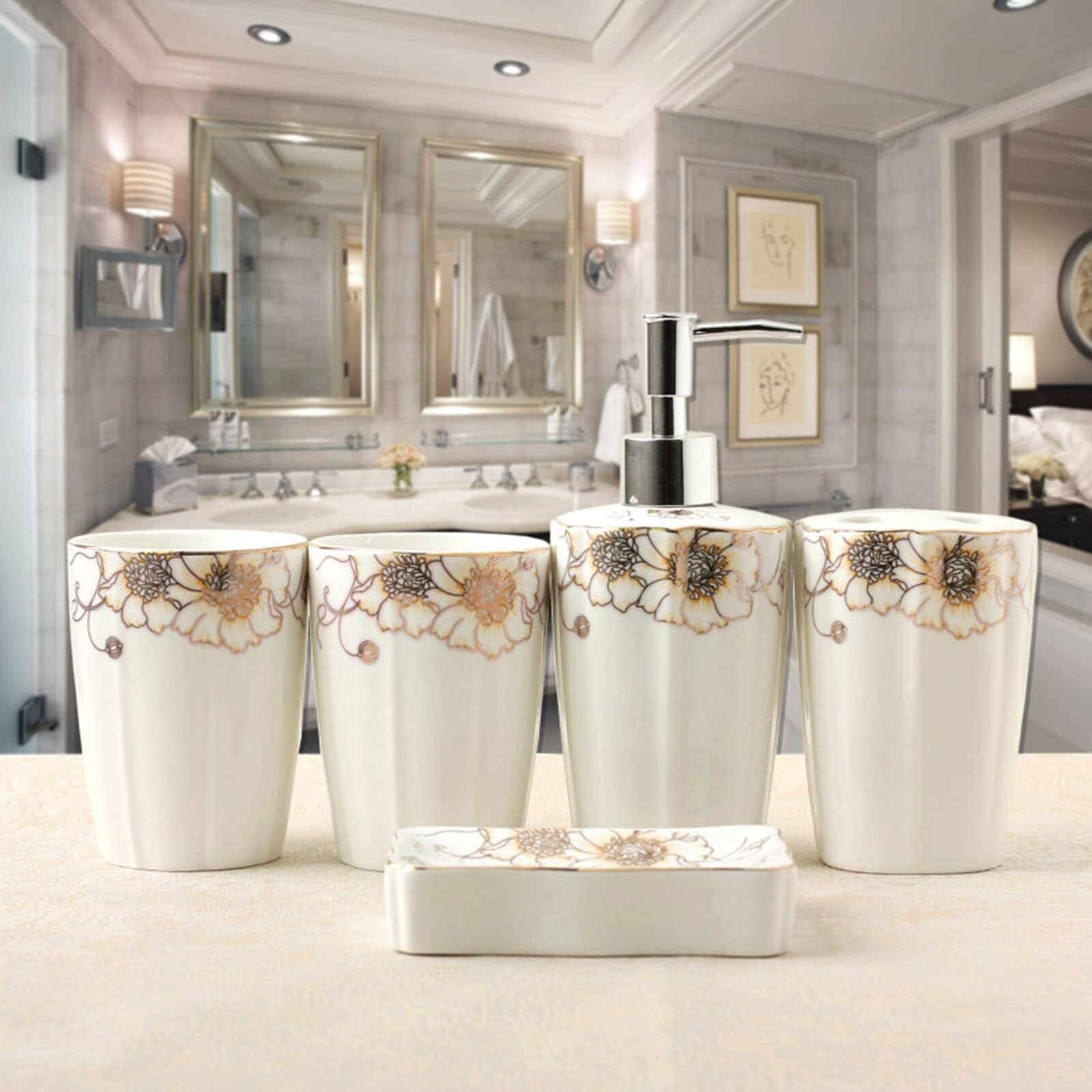 Juego de Accesorios para baño Juego de Accesorios baño 5 Piezas: dispensador jabón, Porta cepillos Dientes, Vaso, Plato. Decoración Decoración Ideal para inquilinos(Silver)