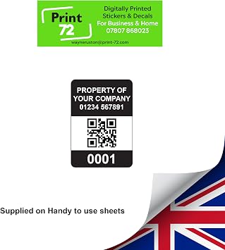 500 Serialised QR Code Asset Tag Labels Custom Stickers- Black. 40mm x 28mm Permanent Vinyl Labels