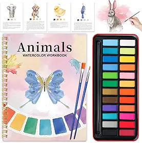 Livro de exercícios em aquarela - Kit de pintura para iniciantes, livros de aquarela para adultos com tinta de 24 cores, presente de exploração para adultos e adolescentes (animais)