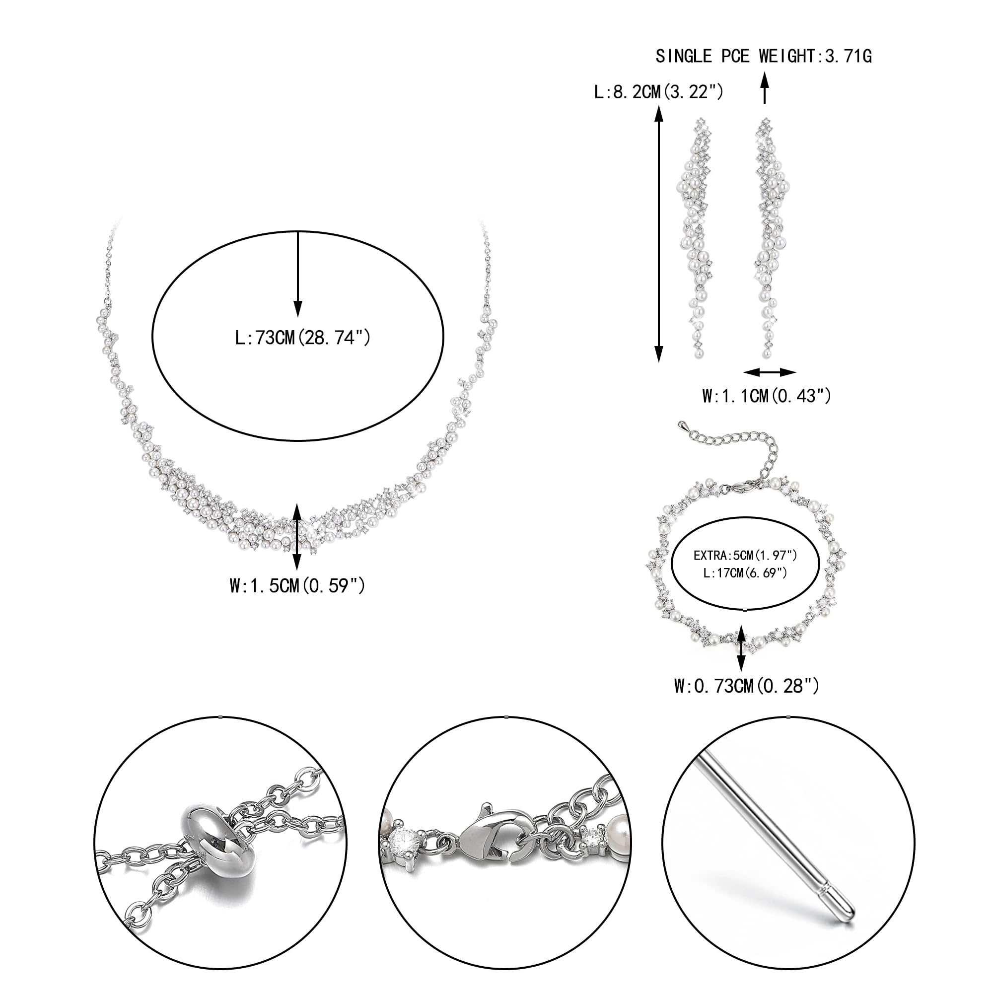 EVER FAITH 3 stk Schmuckset Art Deco Hochzeit Schmuck Cubic Zirkonia Faux Perlen Braut Halskette lange baumeln Ohrringe Armband Sets für Damen Braut Brautjungfer