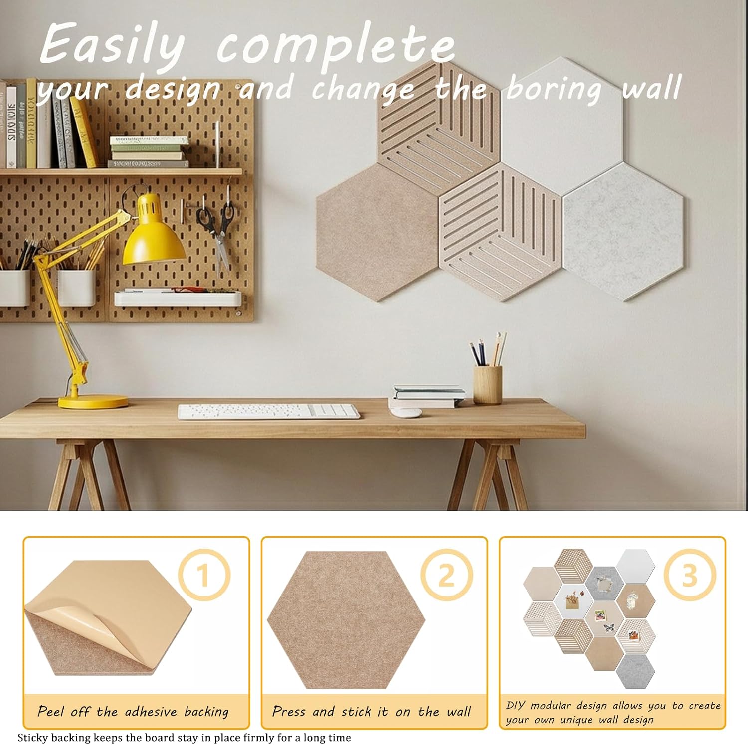 12 Pack Hexagon Cork Board Tiles 11.8 Inch Large Self Adhesive Felt Pin Boards for Walls Acoustic Bulletin Board for Office Wall Decor Vision Board and Home Office Display with 50 Push Pins