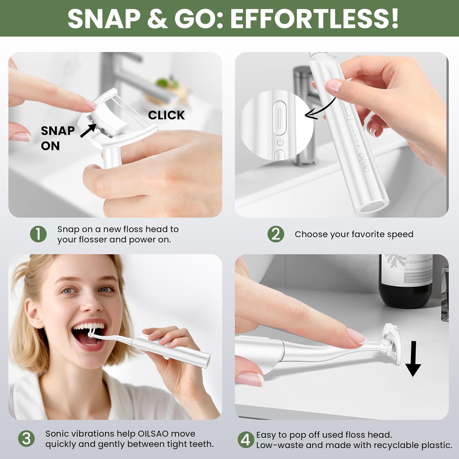 Hilo dental eléctrico para dientes, alternativa al irrigador dental con 5 velocidades + 54 cabezales de recambio, limpieza 5 veces y duración de la batería de 60 días, oscilación deslizante